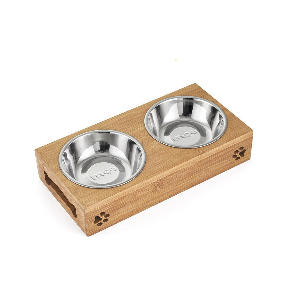 Bamboo shelf for cat, dog bowls and tableware