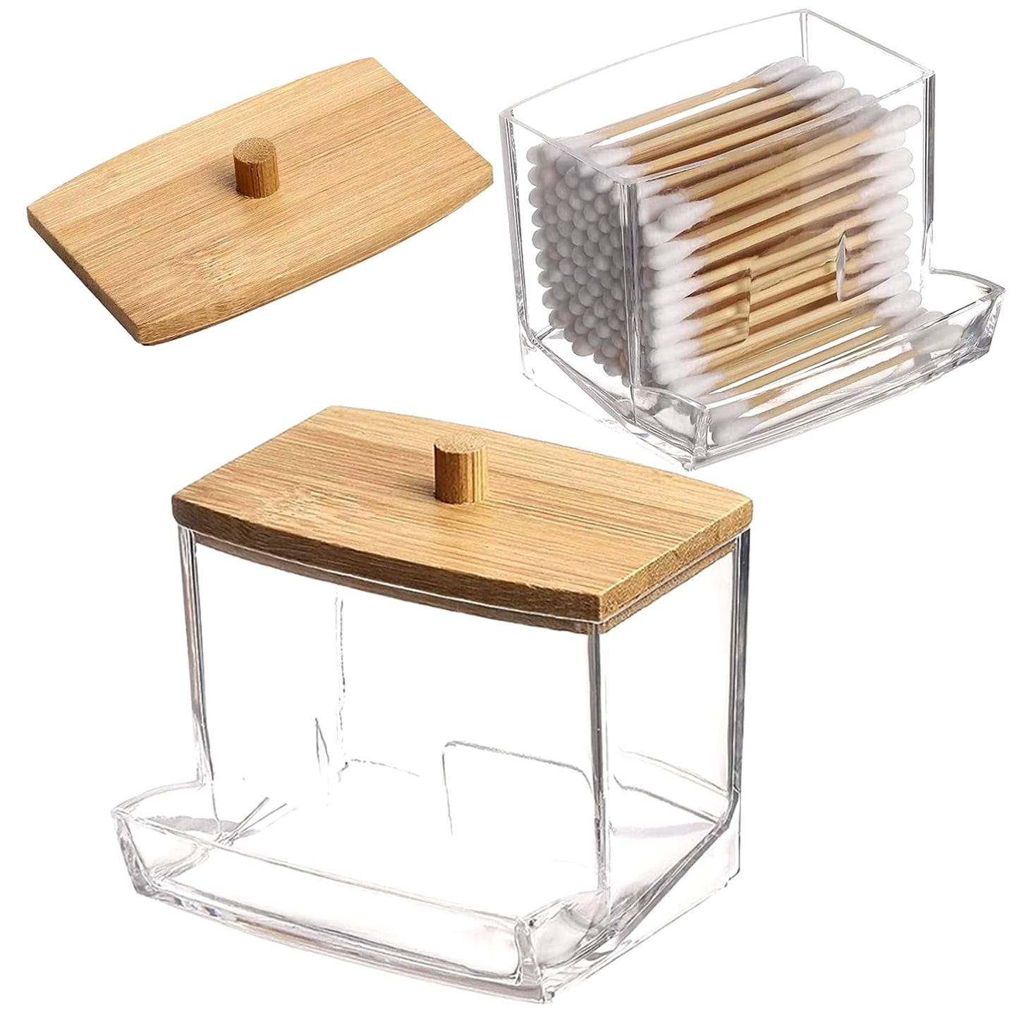 Sustainable & Eco-friendly: Clear cotton swab holder & dispenser with bamboo lids for bathroom organisation