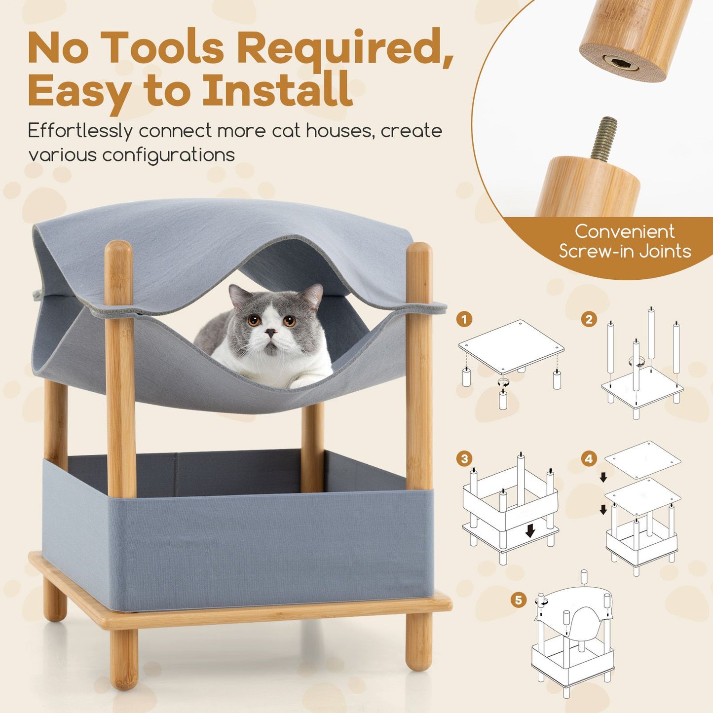 Modern Bamboo & Cloth Cat House, 2-Tier Wooden Cat Tree with Cozy Condo