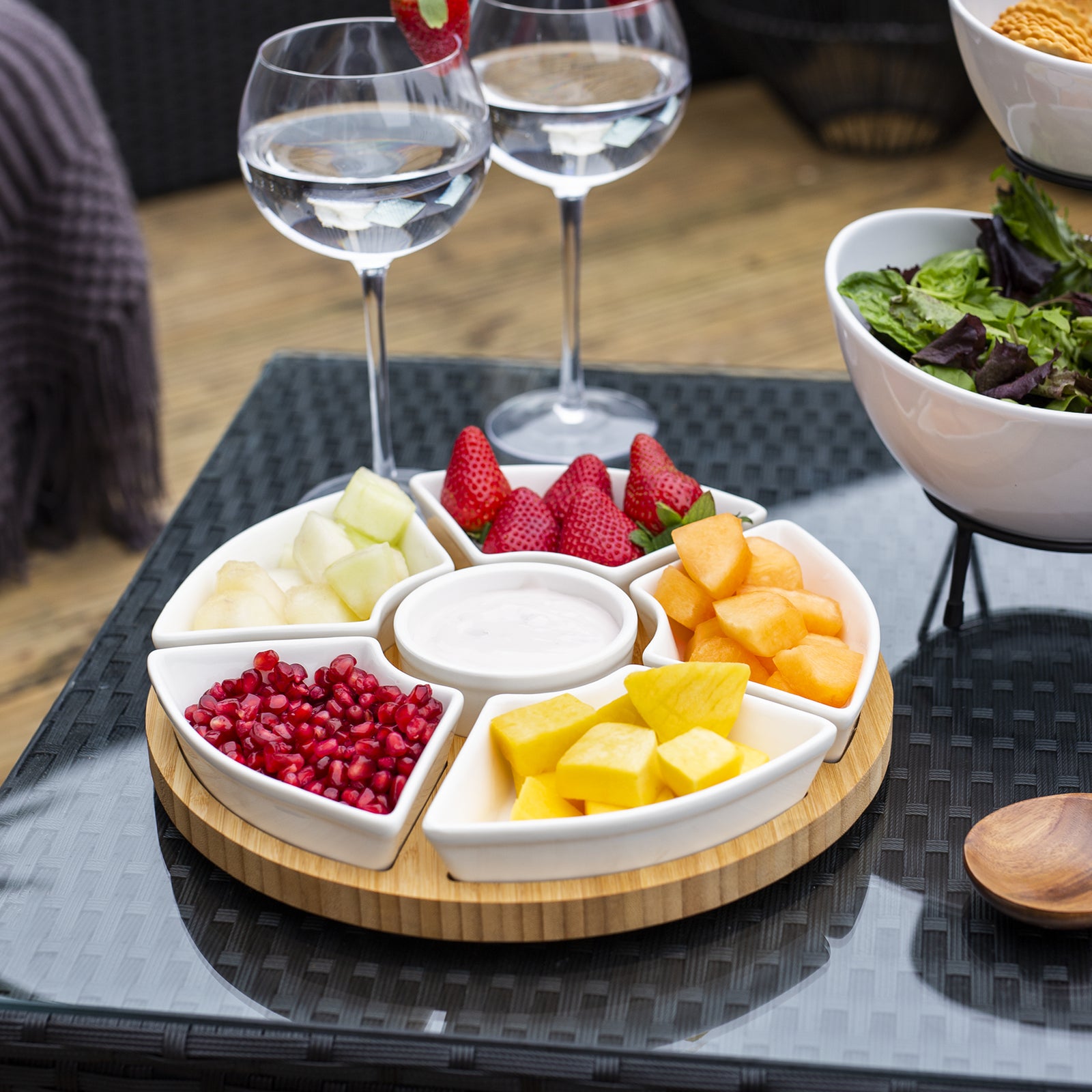 6-piece Bamboo rotating dip set with elegant ceramic dishes