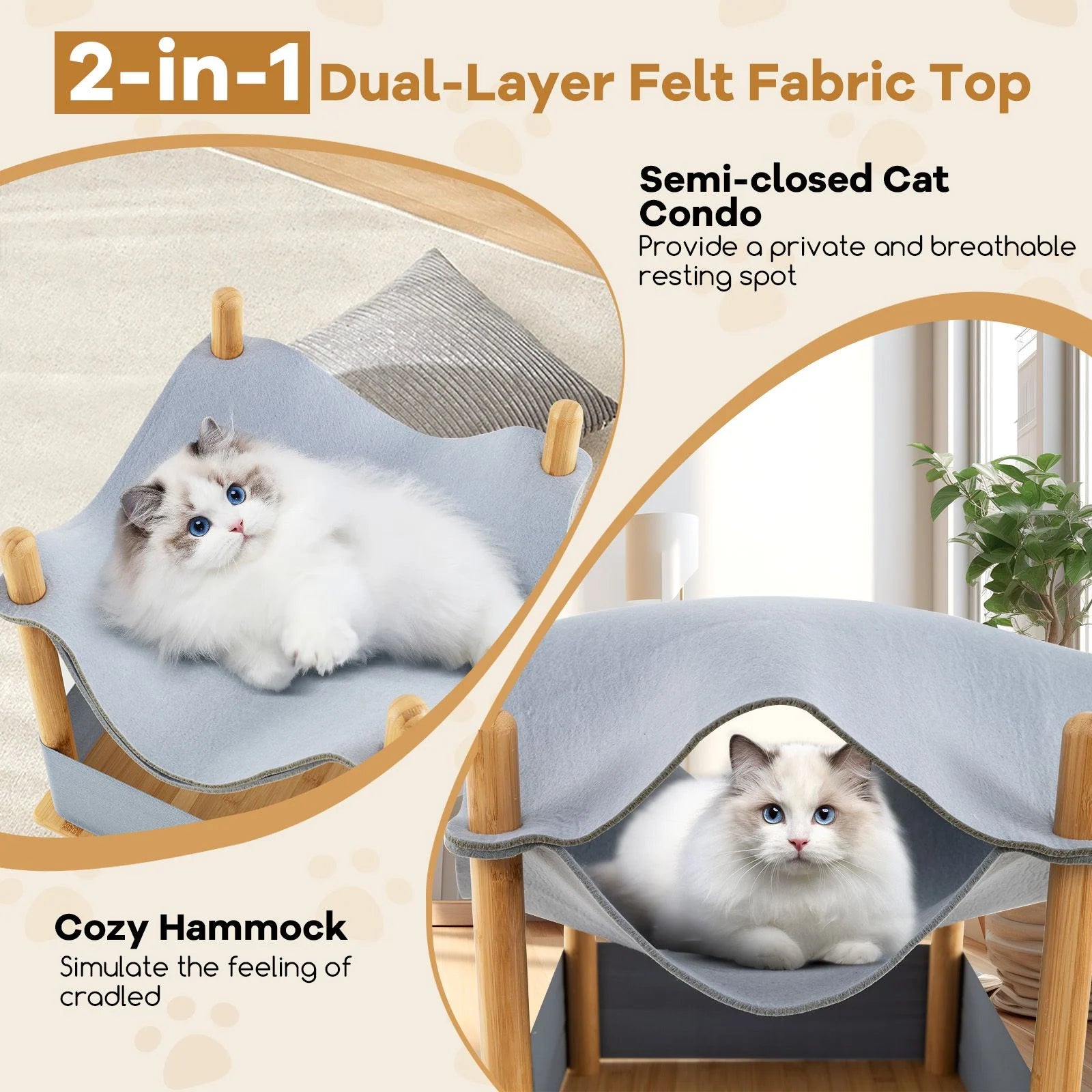 Modern Bamboo & Cloth Cat House, 2-Tier Wooden Cat Tree with Cozy Condo