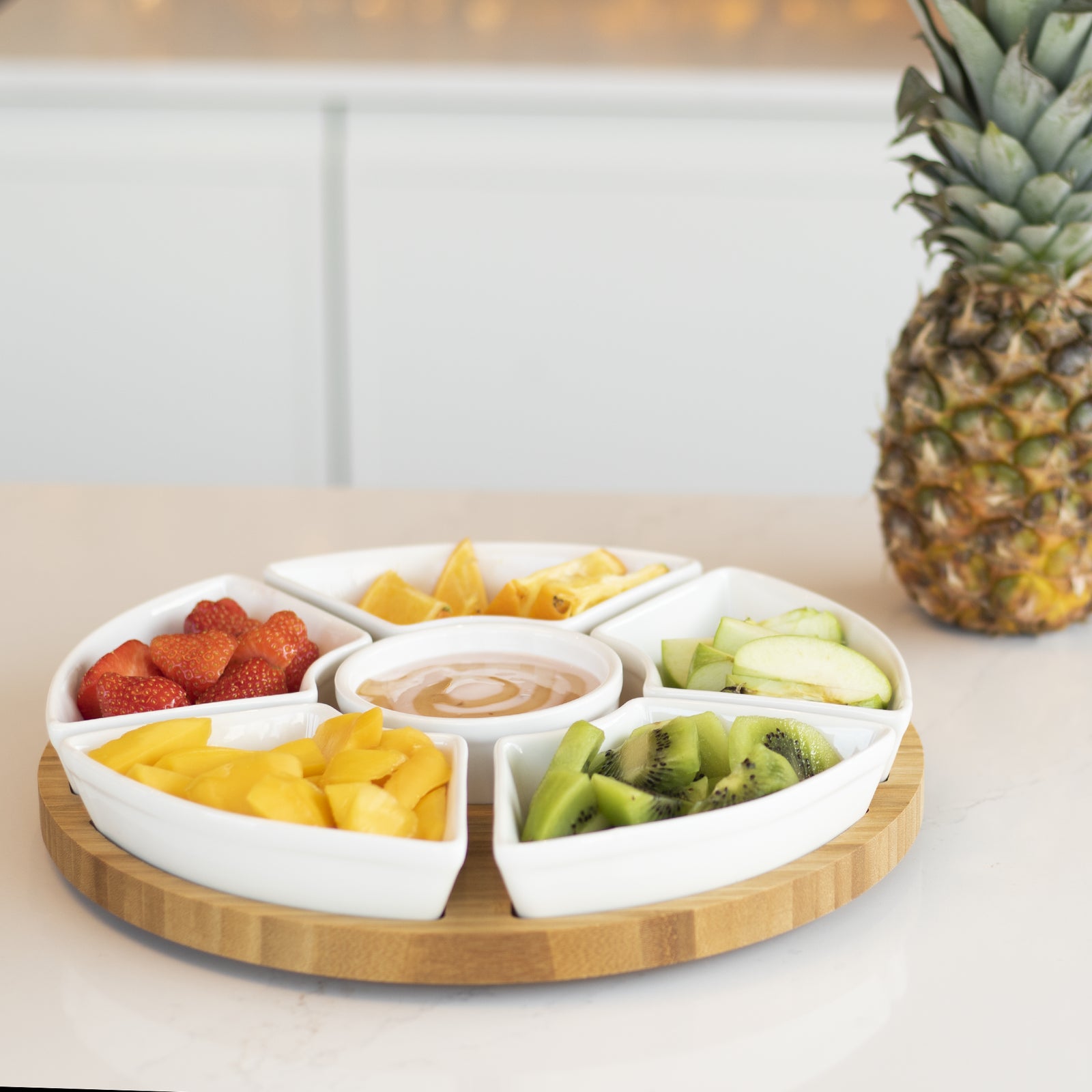 6-piece Bamboo rotating dip set with elegant ceramic dishes