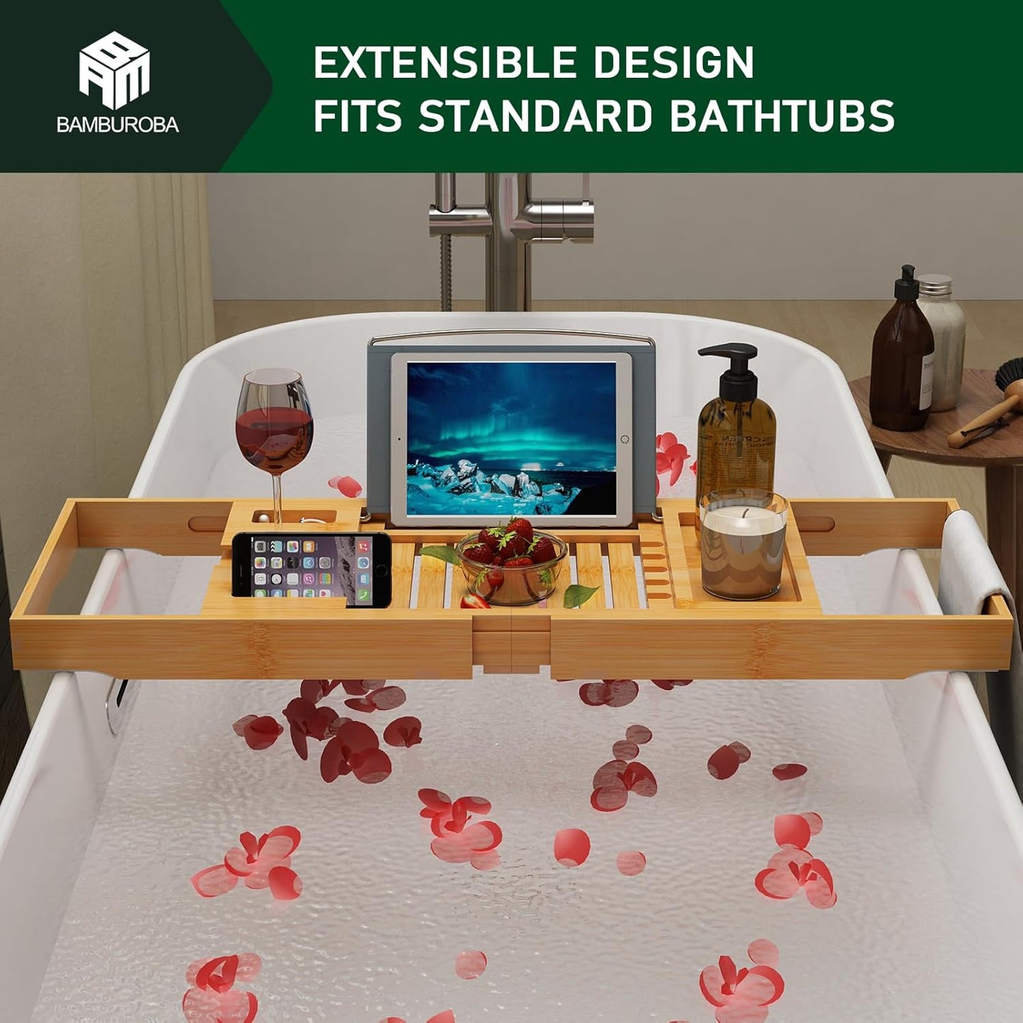 Durable & Sustainable eco-friendly bamboo bathtub caddy tray – Expandable bath organizer with wine glass holder & book stand