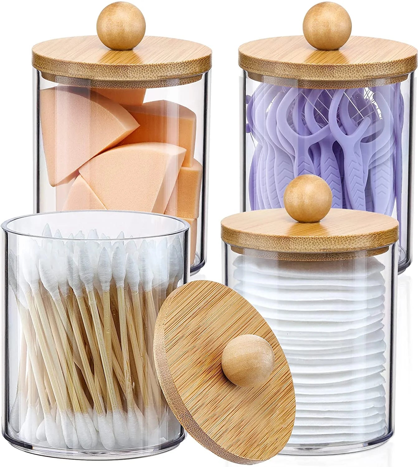 4-Pack holder dispenser with Bamboo lids - 296 ml / 10 Oz clear plastic Apothecary jar containers for vanity makeup organizer storage - bathroom accessories set for cotton swabs, balls, pads, and floss | Sustainable & durable