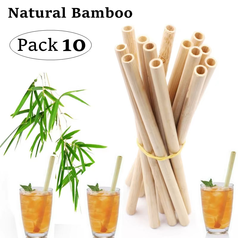 10Pcs Natural Bamboo Drinking Straws – Reusable, Eco-Friendly Cocktail Straws with Cleaning Brushes