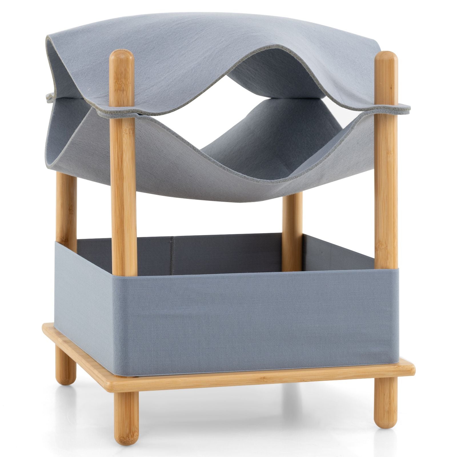 Modern Bamboo & Cloth Cat House, 2-Tier Wooden Cat Tree with Cozy Condo