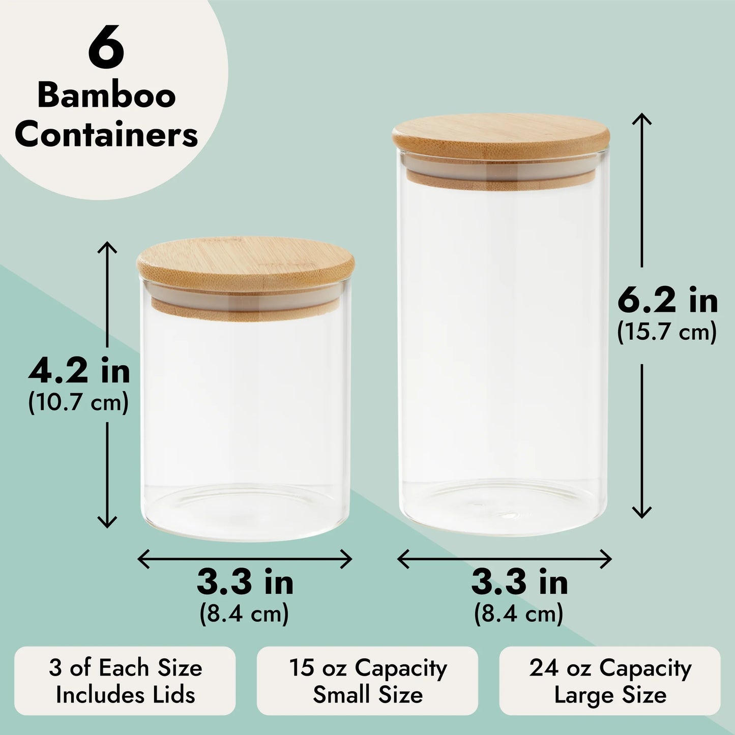 Natural & Eco-Friendly: 6-Piece Bamboo Storage Container Set with Lids (444 ml/15oz & 710 ml/24oz Glass Jars) perfect for your kitchen, office, bathroom