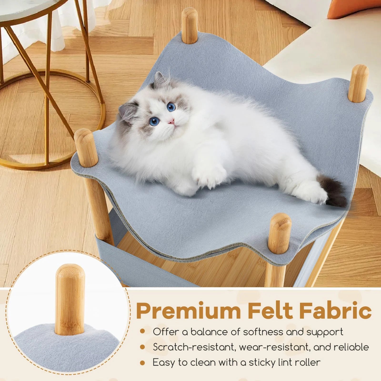 Modern Bamboo & Cloth Cat House, 2-Tier Wooden Cat Tree with Cozy Condo