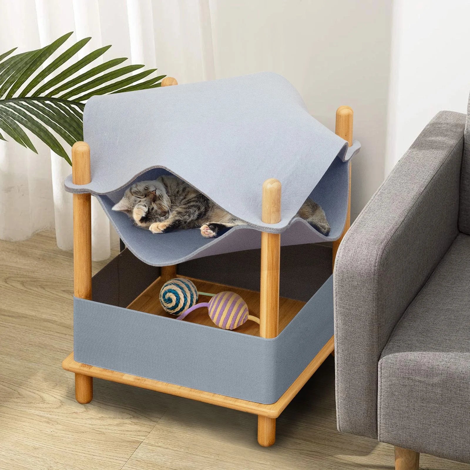 Modern Bamboo & Cloth Cat House, 2-Tier Wooden Cat Tree with Cozy Condo