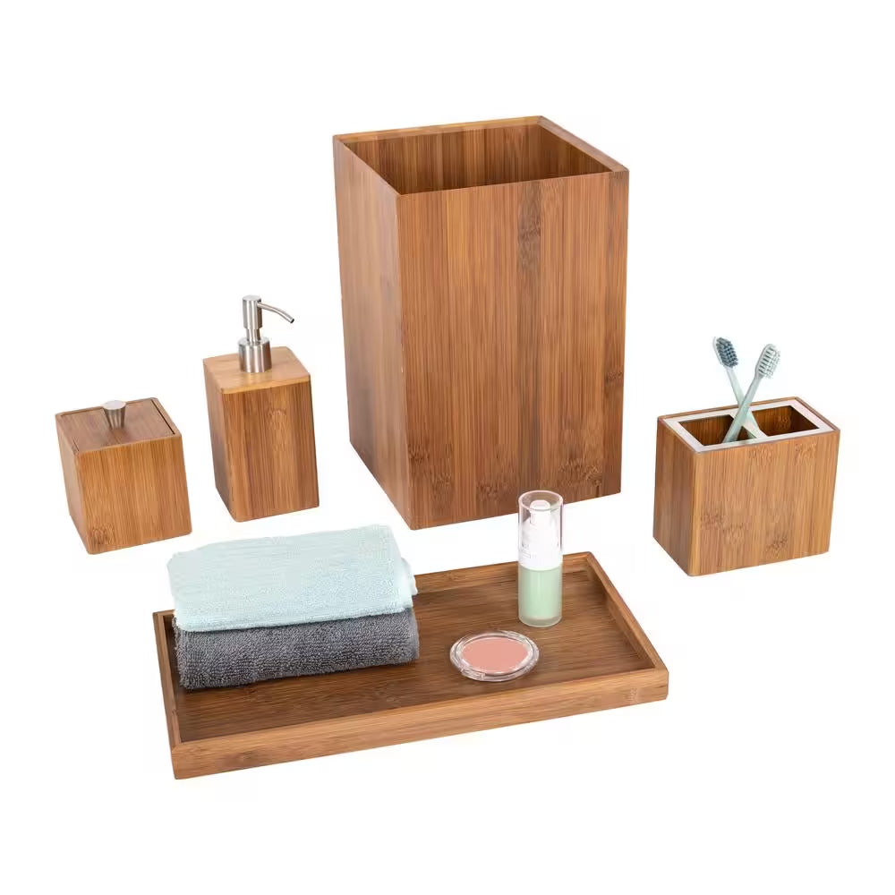 5-Piece Bamboo Bathroom Accessory Set – Sustainable & Durable | Includes Wastebasket, Pump Dispenser, Toothbrush Holder, Cotton Swab Box & Towel Holder