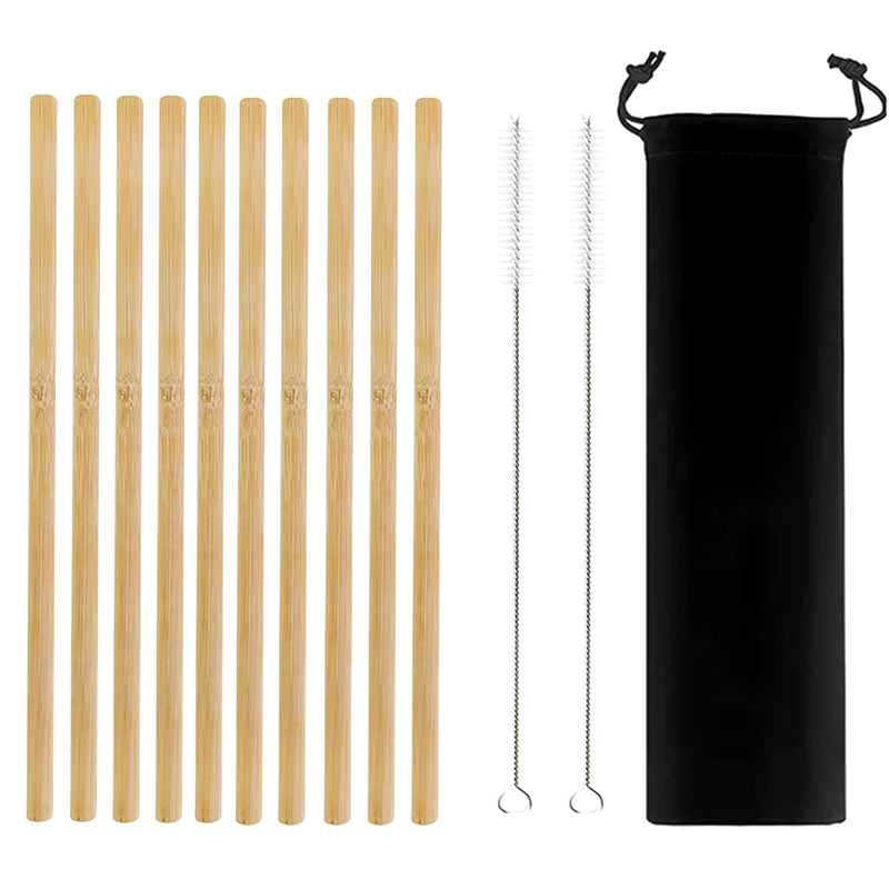 10Pcs Natural Bamboo Drinking Straws – Reusable, Eco-Friendly Cocktail Straws with Cleaning Brushes