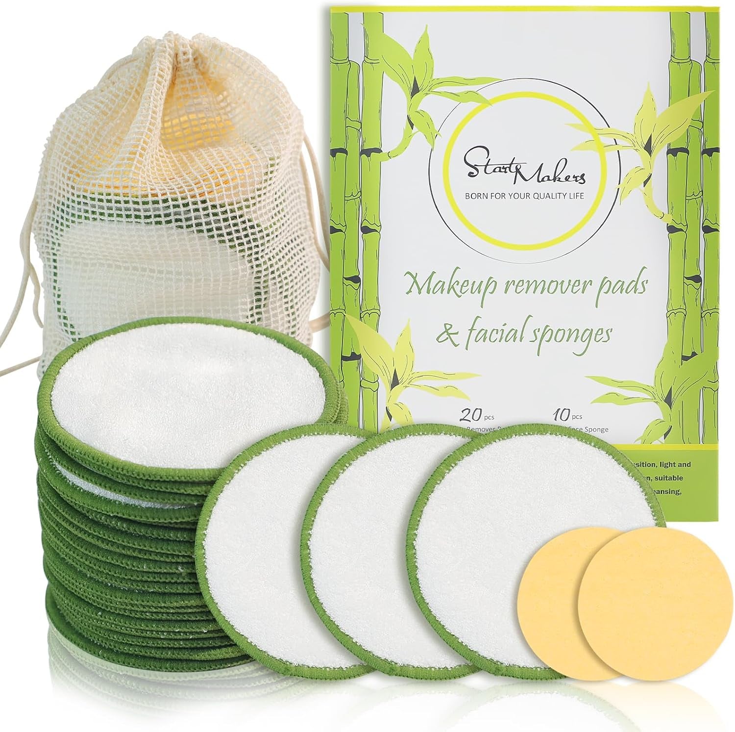 30-Piece reusable makeup remover pads set – 20 Bamboo Cotton rounds & 10 Facial sponges | Eco-friendly, washable with laundry bag