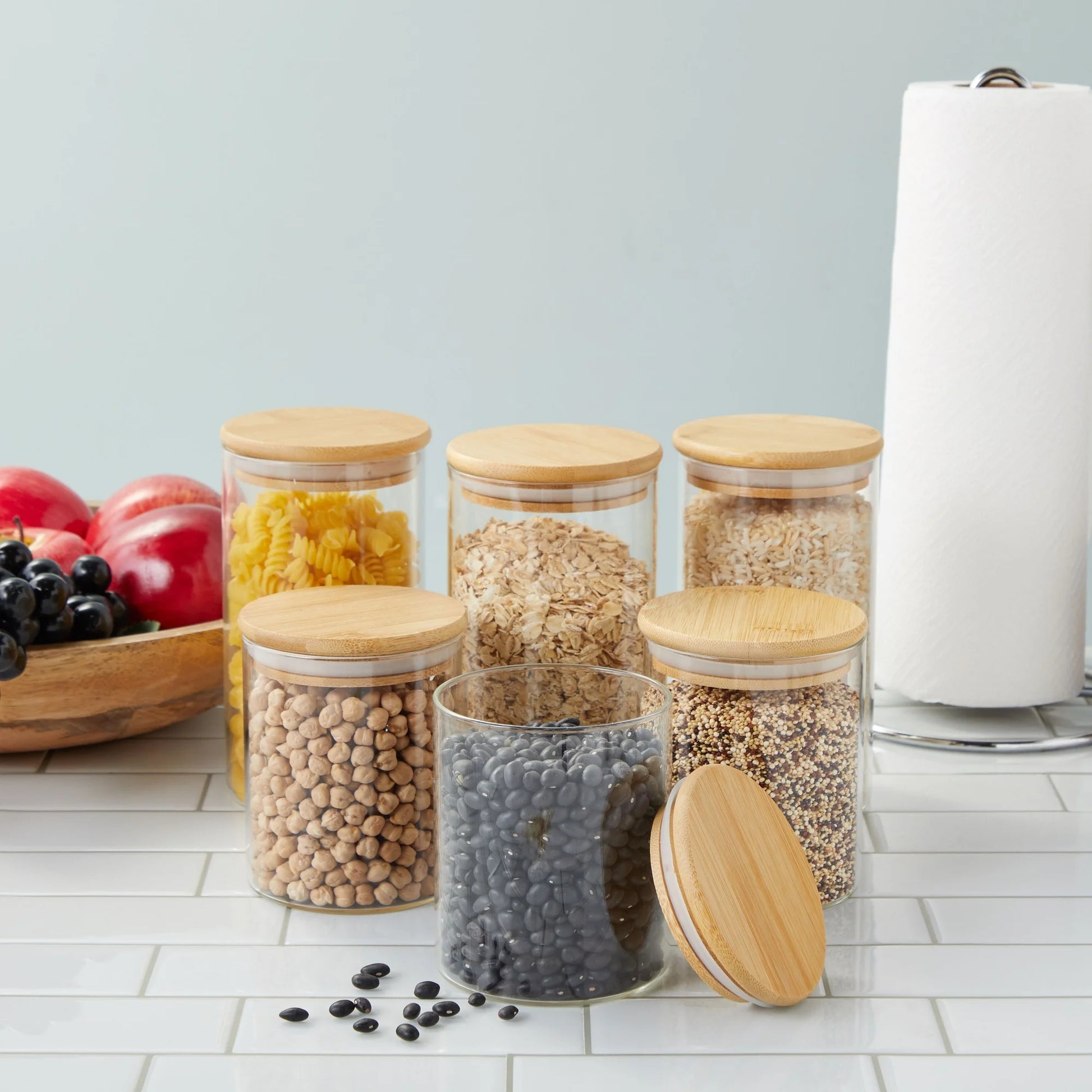 Natural & Eco-Friendly: 6-Piece Bamboo Storage Container Set with Lids (444 ml/15oz & 710 ml/24oz Glass Jars) perfect for your kitchen, office, bathroom