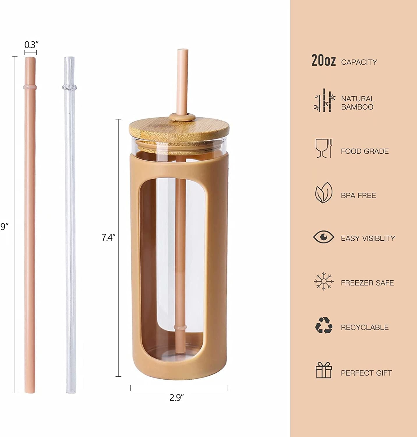 568ml (20oz) Glass Water Tumbler with straw & Bamboo Lid – Reusable Iced Coffee Cup, Wide Mouth Smoothie bottle with Silicone Sleeve, BPA-Free 