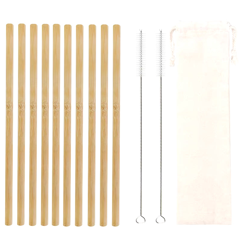 10Pcs Natural Bamboo Drinking Straws – Reusable, Eco-Friendly Cocktail Straws with Cleaning Brushes