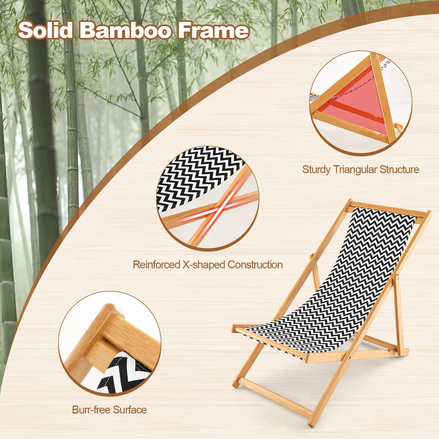 Eco-friendly folding bamboo sling chair – Adjustable reclining backrest, sustainable comfort