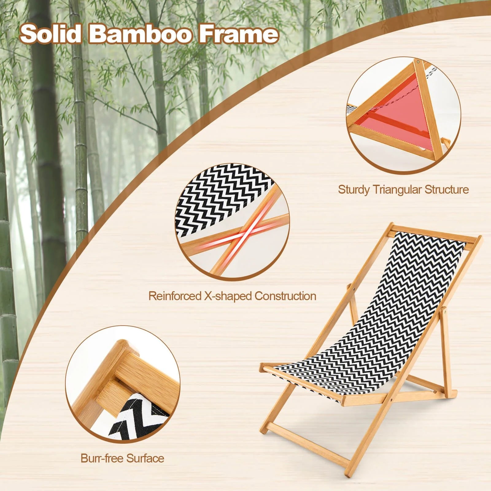 Eco-friendly folding bamboo sling chair – Adjustable reclining backrest, sustainable comfort