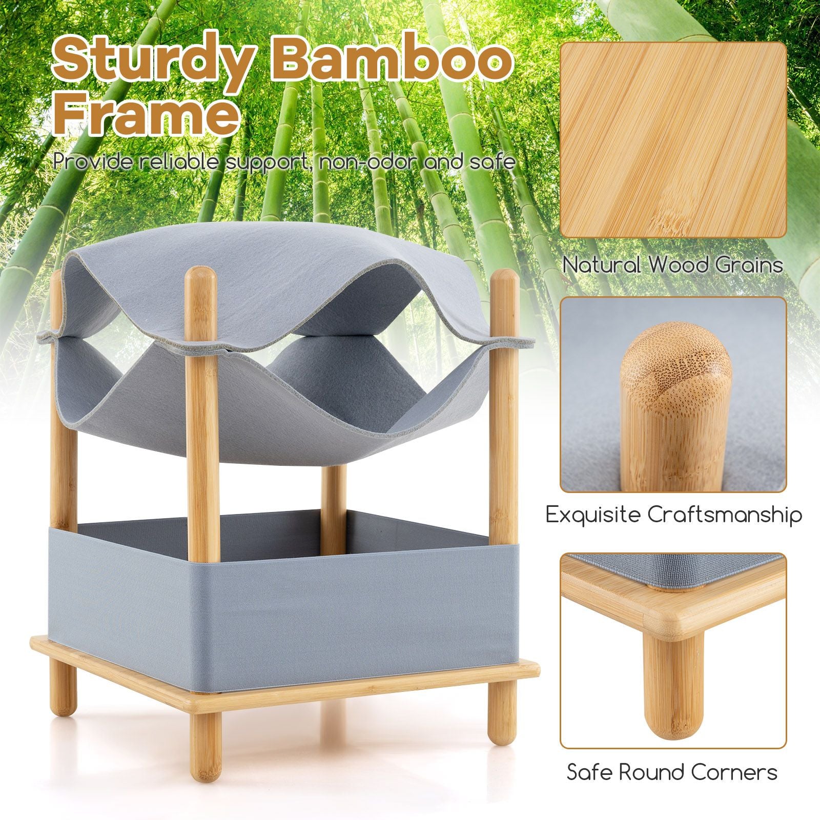 Modern Bamboo & Cloth Cat House, 2-Tier Wooden Cat Tree with Cozy Condo