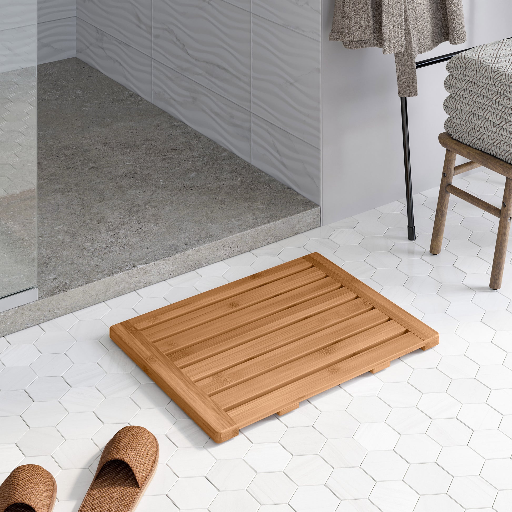 Elevate your bathroom with the Sustainable Seville Bamboo Bath Mat, crafted from premium, eco-friendly, water-resistant bamboo for a spa-like feel, lasting durability, and effortless style.