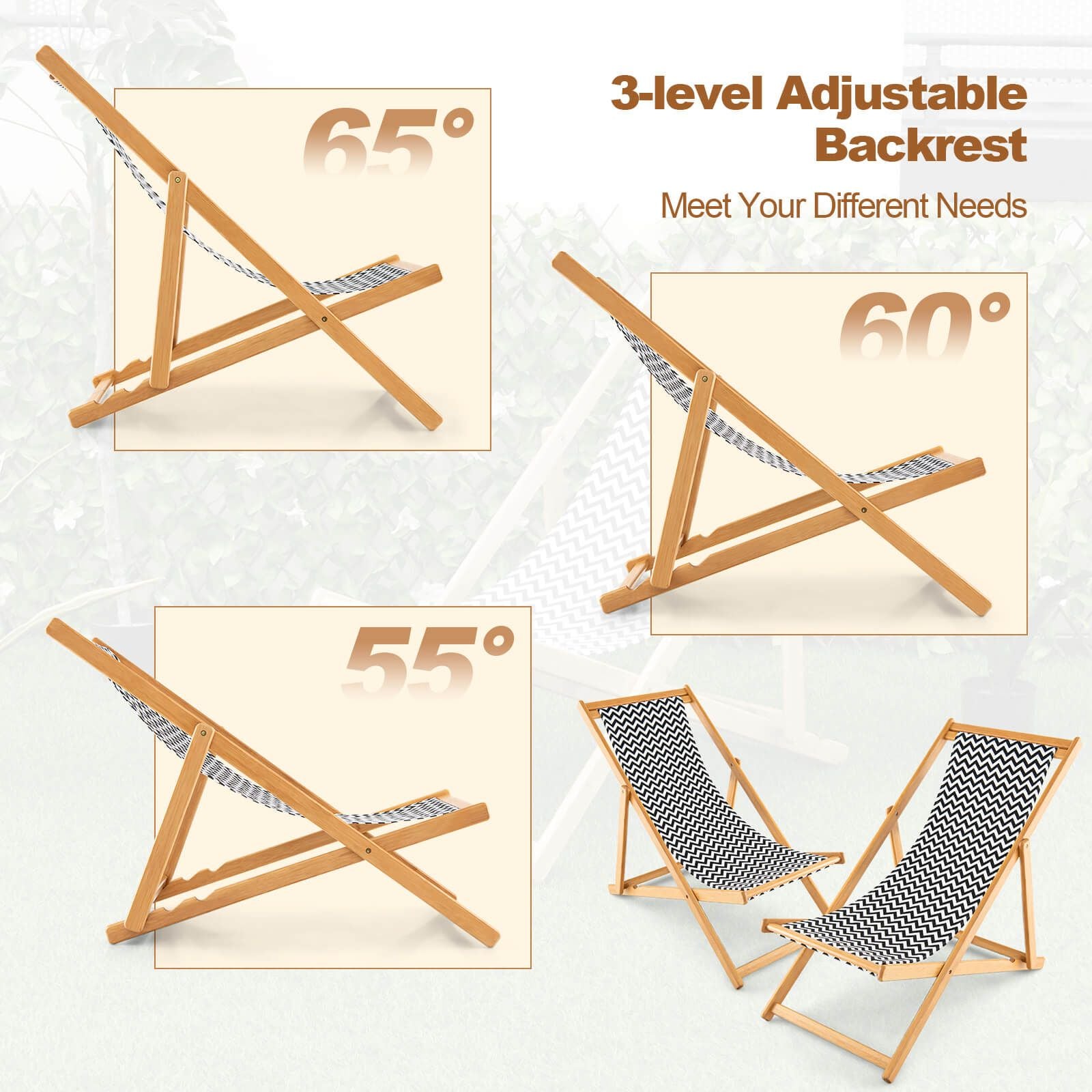Eco-friendly folding bamboo sling chair – Adjustable reclining backrest, sustainable comfort