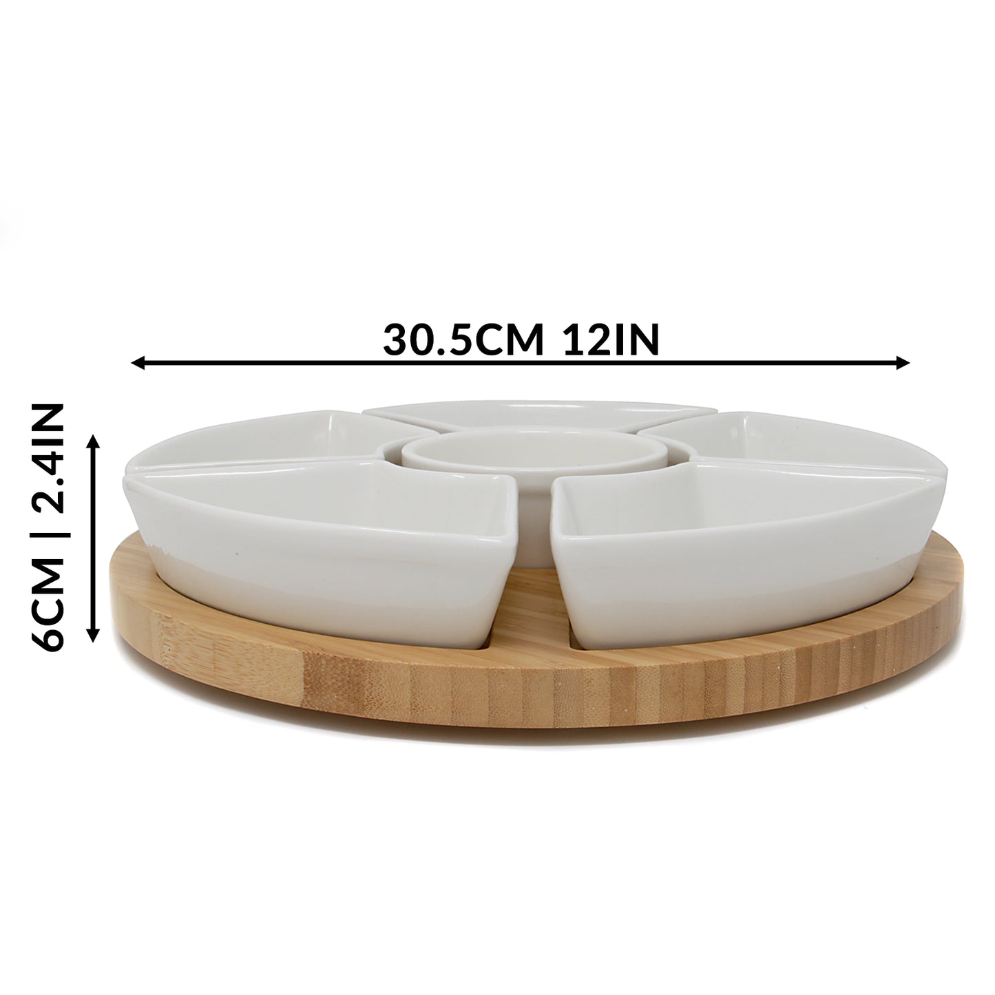 6-piece Bamboo rotating dip set with elegant ceramic dishes