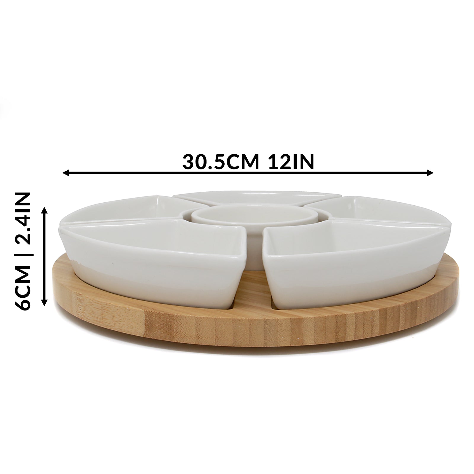 6-piece Bamboo rotating dip set with elegant ceramic dishes
