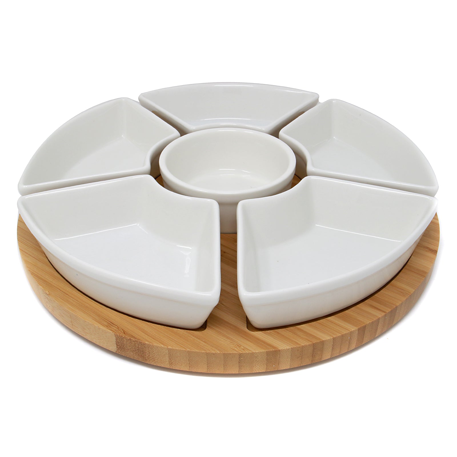 6-piece Bamboo rotating dip set with elegant ceramic dishes