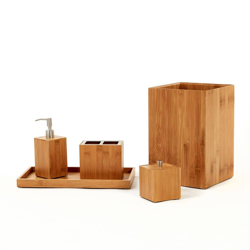 5-Piece Bamboo Bathroom Accessory Set – Sustainable & Durable | Includes Wastebasket, Pump Dispenser, Toothbrush Holder, Cotton Swab Box & Towel Holder