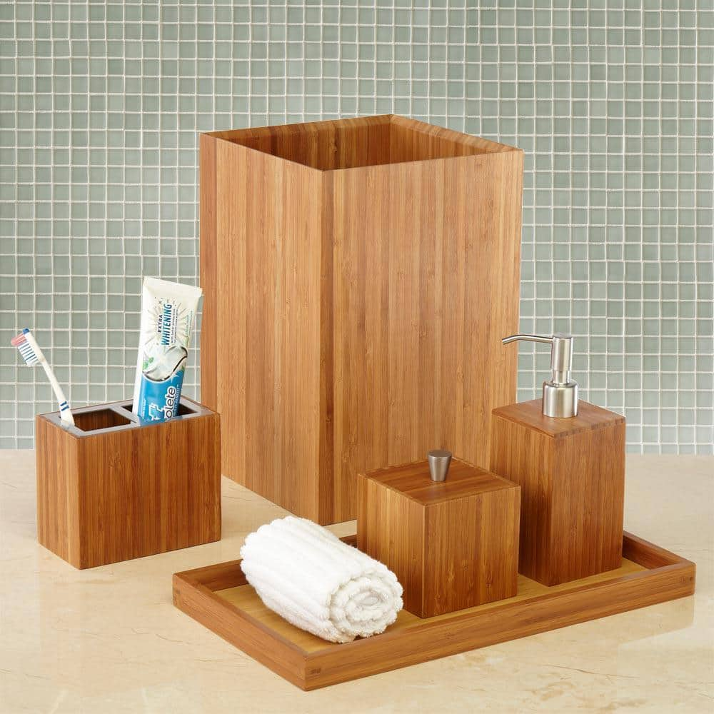 5-Piece Bamboo Bathroom Accessory Set – Sustainable & Durable | Includes Wastebasket, Pump Dispenser, Toothbrush Holder, Cotton Swab Box & Towel Holder