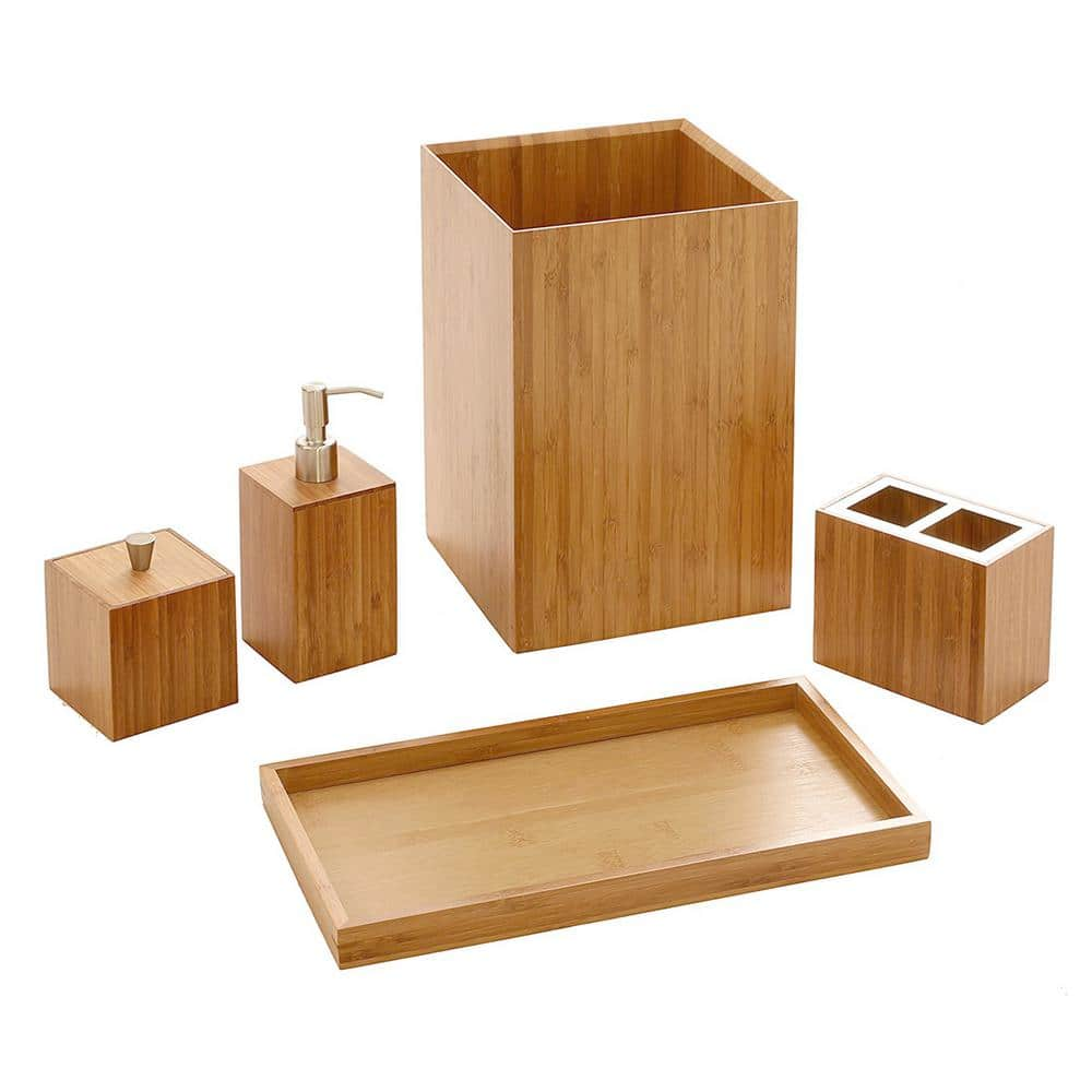 5-Piece Bamboo Bathroom Accessory Set – Sustainable & Durable | Includes Wastebasket, Pump Dispenser, Toothbrush Holder, Cotton Swab Box & Towel Holder