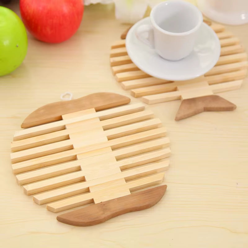 Exquisite Bamboo Coaster & Kitchen Pad – Heat-Resistant Cup Holder & Pot Mat in Apple & Fish Designs