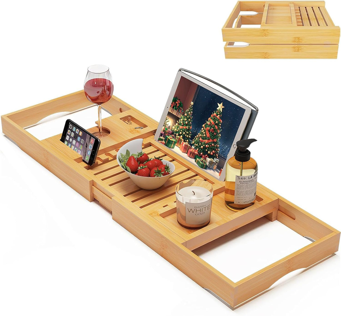 Durable & Sustainable eco-friendly bamboo bathtub caddy tray – Expandable bath organizer with wine glass holder & book stand