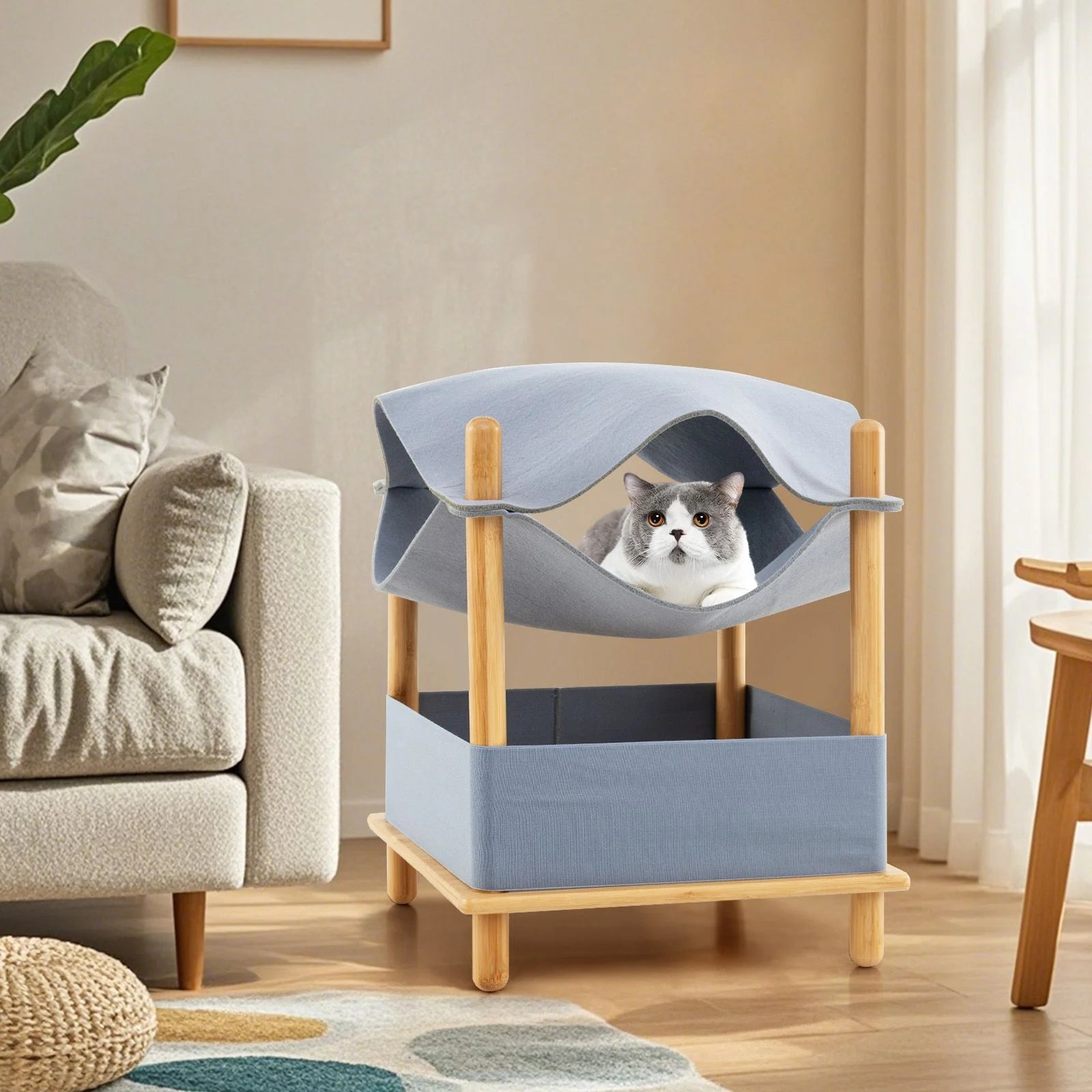 Modern Bamboo & Cloth Cat House, 2-Tier Wooden Cat Tree with Cozy Condo