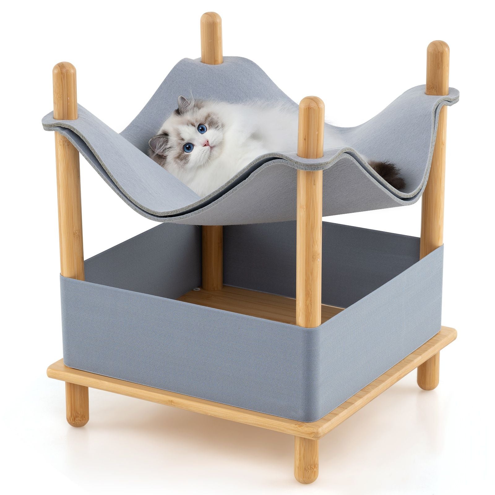 Modern Bamboo & Cloth Cat House, 2-Tier Wooden Cat Tree with Cozy Condo
