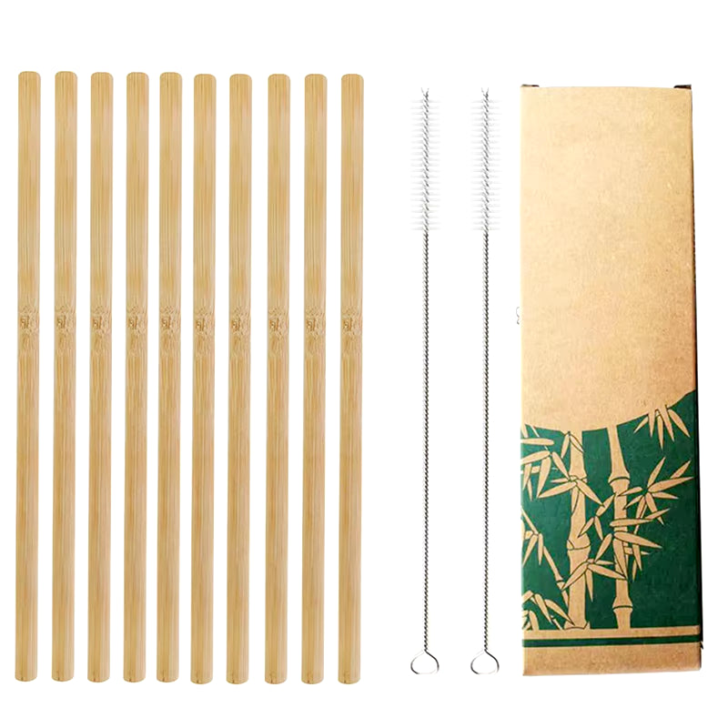 10Pcs Natural Bamboo Drinking Straws – Reusable, Eco-Friendly Cocktail Straws with Cleaning Brushes