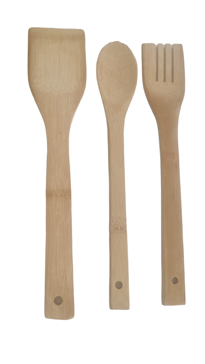 Bamboo cooking utensils set – 3-piece eco-friendly wooden spatula, spoon & fork kitchen tools