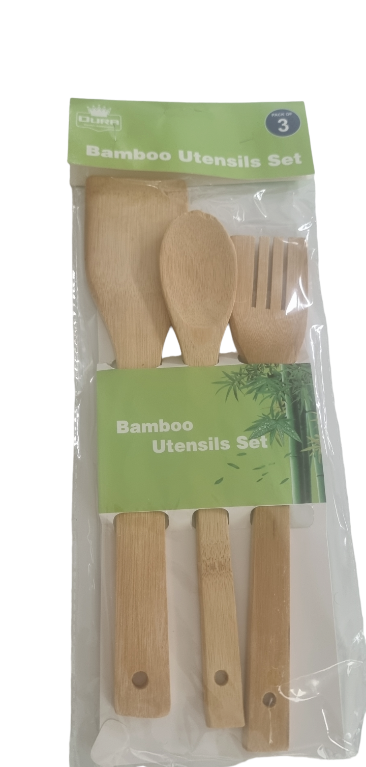 Bamboo cooking utensils set – 3-piece eco-friendly wooden spatula, spoon & fork kitchen tools
